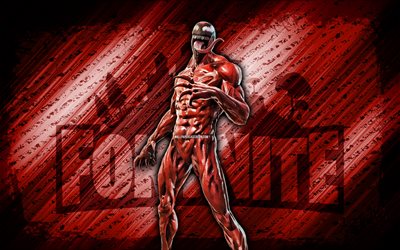 Carnage Fortnite, 4k, red diagonal background, grunge art, Fortnite, artwork, Carnage Skin, Fortnite characters, Carnage, Fortnite Carnage Skin