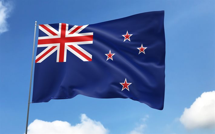 bandeira da nova zelândia no mastro, 4k, países da oceania, céu azul, bandeira da nova zelândia, bandeiras de cetim onduladas, símbolos nacionais da nova zelândia, mastro com bandeiras, dia da nova zelândia, oceânia, nova zelândia