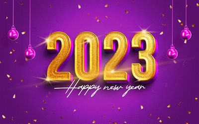 4k, bonne année 2023, boules de noël violettes, chiffres 3d dorés, boules sur jarretelles, concepts 2023, 2023 chiffres d'or, décorations de noël, créatif, 2023 fond violet, 2023 année, joyeux noël