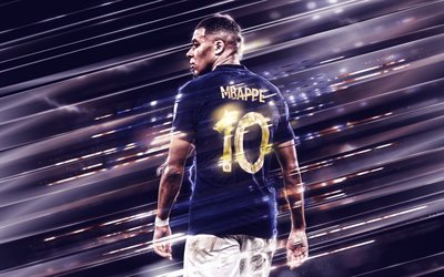 kylian mbappé, selección de fútbol de francia, futbolista francés, arte creativo, cuchillas líneas de arte, francia, fondo azul, fútbol