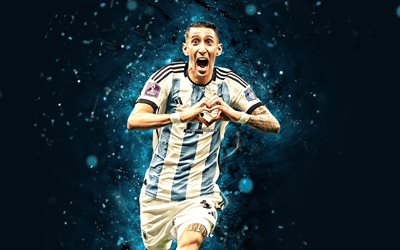 Angel Di Maria, 4k, Qatar 2022, Argentina National Football Team, blue neon lights, soccer, footballers, red abstract background, Argentinean football team, Angel Di Maria 4K