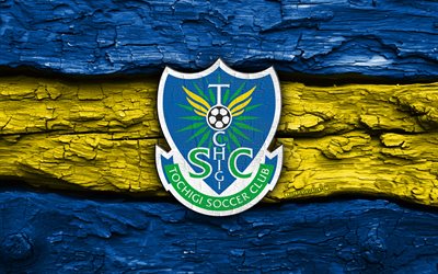 Tochigi SC wooden logo, 4k, blue yellow wooden background, J3 League, soccer, Tochigi SC logo, football, Tochigi SC emblem, Tochigi SC, japanese football club, Tochigi FC