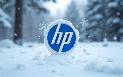 Hewlett-Packard logo in the snow, 4K, HP blue logo, winter landscape, HP snow emblem, Hewlett-Packard emblem, HP logo, Hewlett-Packard logo, HP, snow