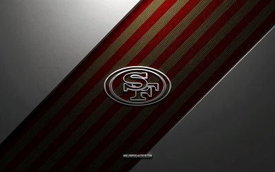 logotipo de los 49ers de san francisco, 4k, fondo de acero, club de fútbol americano, líneas doradas rojas, emblema de los 49ers de san francisco, nfl, fútbol americano, 49ers de san francisco, eeuu, logotipo metálico de los 49ers de san francisco