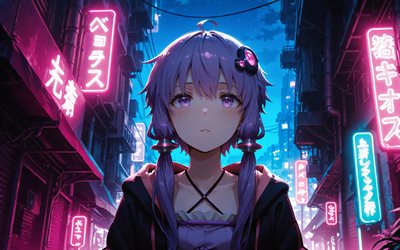 4k, yuzuki yukari, strada, vocaloid, insegne al neon, notte, ragazza con i capelli viola, protagonista, manga, personaggi vocaloid, cantanti virtuali giapponesi, yuzuki yukari vocaloid