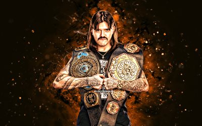 dominik mysterio, 4k, orange neonljus, wwe, kreativ, amerikansk brottare, dominik oscar gutierrez, dominik mysterio med bälten, orange abstrakt bakgrund, world wrestling entertainment, brottare, dominik mysterio 4k