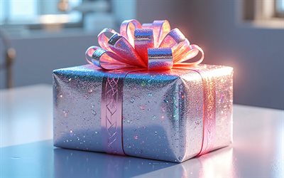 silberne geschenkbox, rosa seidenschleife, weihnachtsgeschenke, frohes neues jahr, geschenkbox mit rosa seidenschleife, weihnachtskonzepte