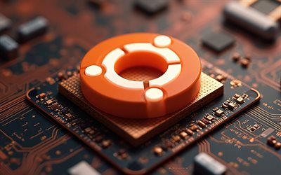 logotipo naranja 3d de ubuntu, linux, logotipo de ubuntu, 4k, placa madre, arte de alta tecnología, logotipo naranja de ubuntu, emblema de ubuntu, fondo de tecnología de lima oscura, ubuntu, logotipo de ubuntu 3d