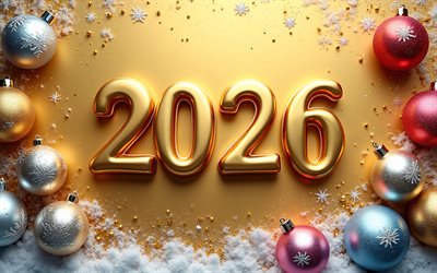 2026 frohes neues jahr, gelber hintergrund, 2026 goldene 3d zahlen, goldene grußkarte 2026, frohes neues jahr 2026, kunst, konzepte für 2026, 2026 neujahr, mehrfarbige weihnachtskugeln