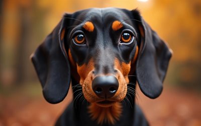 4k, perro tejonero, de cerca, otoño, bokeh, bosque, perros, bozal, animales lindos, mascotas, perro en el bosque, perro salchicha