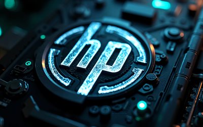 4k, leuchtendes hewlett packard logo, bokeh, schwarzer high tech hintergrund, blaue blendung, mikroschaltungen, dirigenten, elektronikmarken, hewlett packard logo auf mikroschaltung, marken, hewlett packard logo, hewlett packard, hp logo