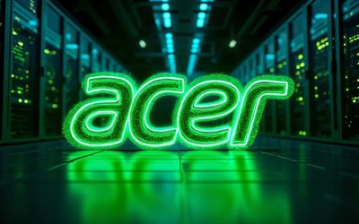 grünes neon logo von acer, 4k, dunkelheit, elektronikmarken, racks für rechenzentren, kunstwerk, acer logo, bokeh, markenlogo, acer neon logo, acer, marken, grünes acer logo