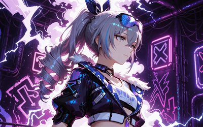 4k, silberner wolf, dunkelheit, violette lichter, honkai star rail, anime charaktere, nahaufnahme, manga, honkai star rail charaktere, silver wolf honkai star rail