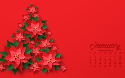 2026 ocak takvimi, 4k, kırmızı yılbaşı arka planı, 2026 konseptleri, ocak, noel ağacı çiçek, ocak 2026 takvimi, 2026 takvimleri