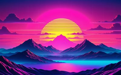 4k, paesaggi astratti, luna, notte, montagne, arte retroonda, futuresynth, creativo, retroonda, paesaggi di retroonda, spiaggia a onde retroattive