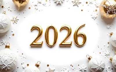 2026 frohes neues jahr, weißer hintergrund, 2026 goldene 3d zahlen, goldene grußkarte 2026, frohes neues jahr 2026, kunst, konzepte für 2026, 2026 neujahr