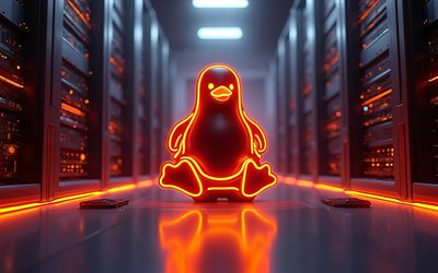 4k, linux orangefarbenes neon logo, dunkelheit, os marken, racks für rechenzentren, kunstwerk, linux logo, bokeh, markenlogo, linux neon logo, linux, marken, orangefarbenes linux logo