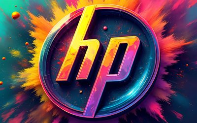 شعار hewlett packard الملون ثلاثي الأبعاد, 4k, الفن التجريدي, خلفيات ملونة, بقع الطلاء الملونة, شعار شركة هيوليت باكارد مجردة, خوخه, شعار اتش بي, عمل فني, شعار هيوليت باكارد, العلامات التجارية للإلكترونيات, هيوليت باكارد