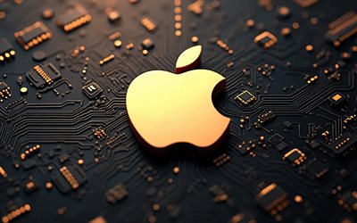 goldenes apple logo, 4k, hintergrund der goldtechnologie, apple emblem, apple goldenes 3d logo, apfel goldzeichen, schwarzes mainboard, apple zeichen, apple logo, apfel
