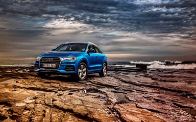 Audi Q3, 2015, blue, crossovers, Coast, Sea