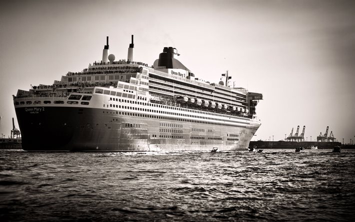 queen mary 2, hamn, kryssningsfartyg, monokrom