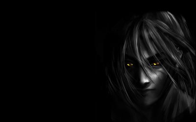 darkness, female face, art, yellow eyes, black background