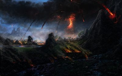 volcán, la expulsión, humo, fuego, lava, montañas