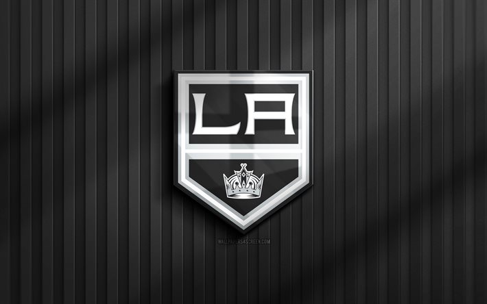 4k, logo 3d di los angeles kings, nhl, sfondo 3d nero, hockey, emblema di los angeles kings, logo di los angeles kings, american hockey club, kings di los angeles