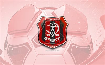 Hapoel Jerusalem glossy logo, 4K, red football background, Ligat HaAl, soccer, Israeli football club, Hapoel Jerusalem emblem, Hapoel Jerusalem, football, Israeli Premier League, Hapoel Jerusalem logo, Hapoel Jerusalem FC