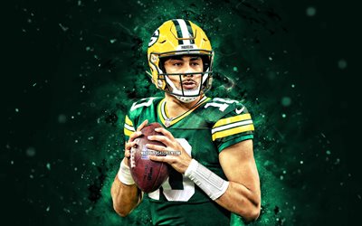 Jordan Love, 4k, green neon lights, Green Bay Packers, NFL, American football players, Jordan Love 4K, American football, National Football League, Jordan Love Green Bay Packers