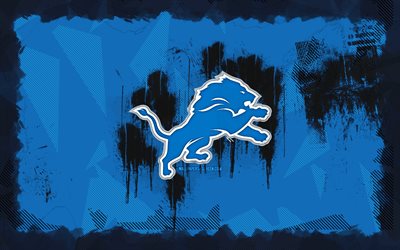 detroit lions grunge logo, 4k, nfl, sfondo blu grunge, football americano, detroit lions emblem, detroit logo lions, team di calcio americano, detroit lions