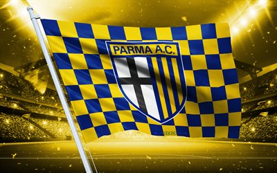 4k, logotipo de parma fc, club de fútbol italiano, bandera del estadio, bandera de fanáticos de parma fc, bandera amarilla azul, emblema de parma fc, serie a, italia, fútbol americano, parma calcio 1913, parma