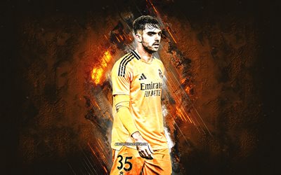 raul ascio, real madrid, spanischer fußballspieler, orangefarbener steinhintergrund, la liga, spanien, fußball, raul ascio real