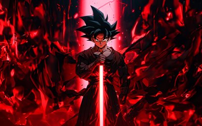 4k, Super Saiyan Rose, red fire flames, Black Goku Dragon Ball, sword, Dragon Ball Super, antagonist, Dragon Ball, Son Goku Black, DBS, DBS characters, Goku Burakku, Black Goku DBS, Black Goku