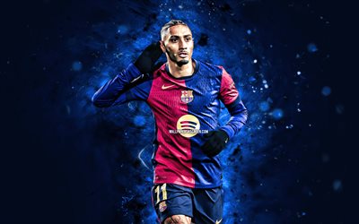 4k, 라핀 하, 파란색 초록 배경, fc 바르셀로나, la liga, 브라질 축구 선수, raphinha 4k, 축구, 바르셀로나 fc, 블루 네온 조명, 랄리가, 바르셀로나, fcb, raphinha barcelona