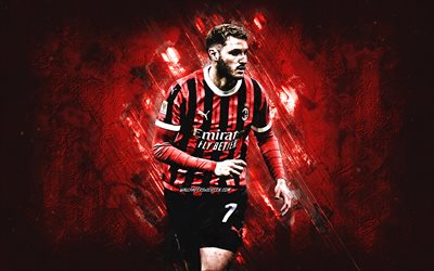 Santiago Gimenez, AC Milan, Mexican football player, red stone background, grunge art, Serie A, Italy, football, Santiago Gimenez Milan