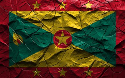 4k, علم غرينادا, نسيج الحجر, أمريكا الشمالية, علم غرينادا ثلاثي الأبعاد, الخلفية مع الشقوق, غرينادا