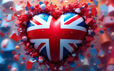 amo la gran bretagna, 4k, bokeh, sfondo astratto 3d, creativo, giorno della gran bretagna, bandiera della gran bretagna, cuore con bandiera britannica, cuori 3d, bandiera britannica, gran bretagna, amore per la gran bretagna, bandiera del regno unito, union jack