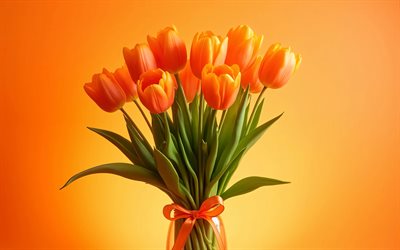 orange tulips, 4k, minimalism, glass vase, orange background, spring flowers, bouquet of tulips, beautiful flowers, orange bow, spring, background with tulips, orange flowers, tulips