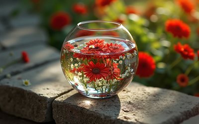 Red chrysanthemums, 4k, red flowers in a vase, spring flowers, chrysantham flower, flowers in water, daisies, red spring flowers, spring decoration