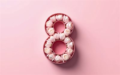 8 mars, låda i form av siffran 8, rosa bakgrund, internationella kvinnodagen, rosa pioner, 8 mars koncept, 8 mars mall, 8 mars gratulationskort, pioner