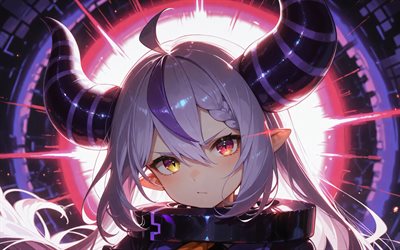 4k, laplus, resplandor rosa, oscuridad, youtuber virtual, fondo abstracto violeta, hololive, vtuber, ojos verdes, la oscuridad, manga, canal laplus, youtuber virtual de laplus