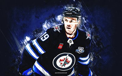 Jonathan Toews, Winnipeg Jets, Canadian hockey player, blue stone background, grunge art, NHL, USA, hockey, Jonathan Toews Winnipeg Jets