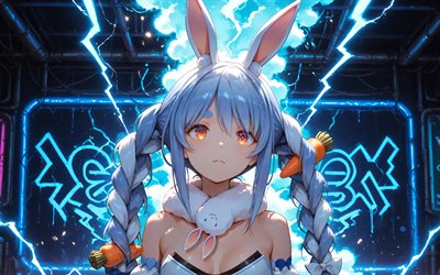 4k, usada pekora, fumaça azul, iluminações azuis, youtuber virtual, cenouras, vtuber, criativo, hololive, mangá, canal usada pekora, usada pekora virtual youtuber