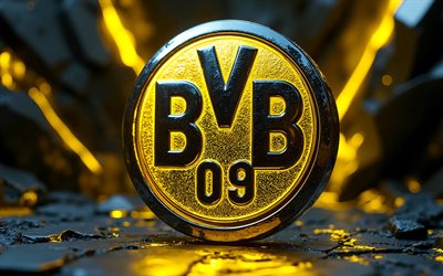 4k, Borussia Dortmund metal logo, stone 3D background, Bundesliga, soccer, Borussia Dortmund logo, football, Borussia Dortmund 3D logo, Borussia Dortmund emblem, german football club, Borussia Dortmund FC