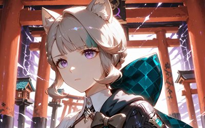 lynette, 4k, torii, impacto de genshin, noche, resplandor violeta, personajes de anime, lynn, netti, lina, personajes de impacto de genshin, impacto de lynette genshin