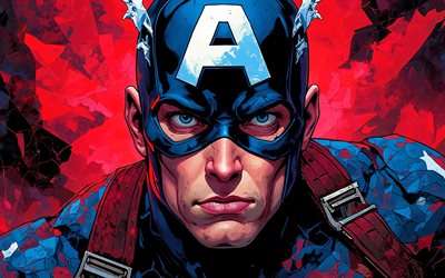 4k, capitaine amérique, obscurité, fond abstrait rouge, super héros, marvel bandes dessinées, oeuvre d'art, dessins de captain america, fan art, capitaine amérique 4k