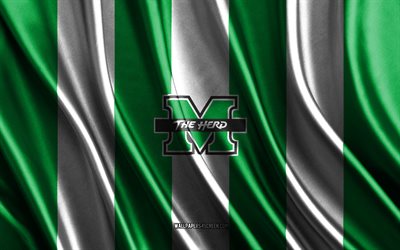 4k, logo du troupeau tonitruant de marshall, ncaa, texture de soie blanche verte, drapeau marshall thundering herd, club de football américain, drapeau en soie, emblème du marshall thundering herd, usa, marshall thundering troupeau