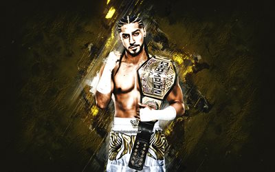 mustafa ali, wwe, us amerikanischer wrestler, goldener steinhintergrund, porträt, wwe champion, grunge kunst, usa, ringen, adeel alam, mustafa ali wwe, world wrestling entertainment