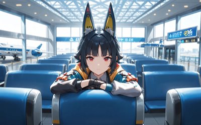 4k, Hoshimi Miyabi, airport, waiting room, Zenless Zone Zero, manga, Zenless Zone Zero charcaters, Icon Frost Frost, Icon Anomaly Anomaly, Hoshimi Miyabi Zenless Zone Zero